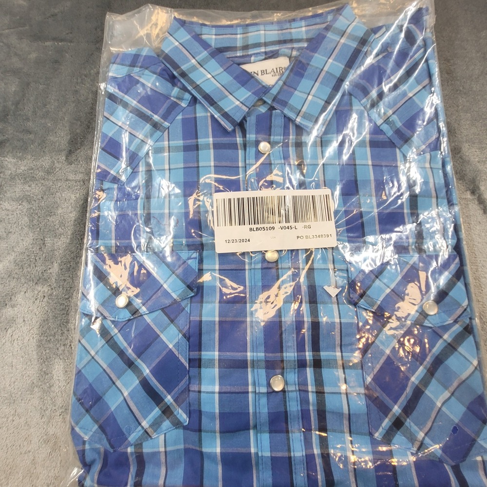 New John Blair Mens Blue Plaid Western Snap Button Shirt‎ L B05109 V045-L-RG